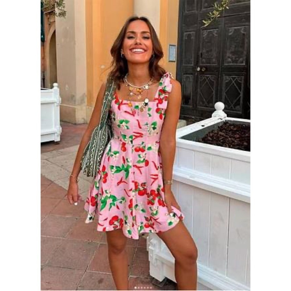 NWT!!‎ ZARA Pink Cherries Veggie Print Mini Dress Cherry Vacation Medium